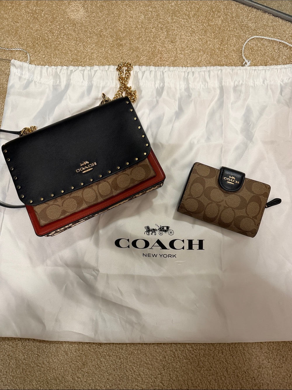 Coach Two-Tone Signature Crossbody and Wallet - Black, Brown, Red
